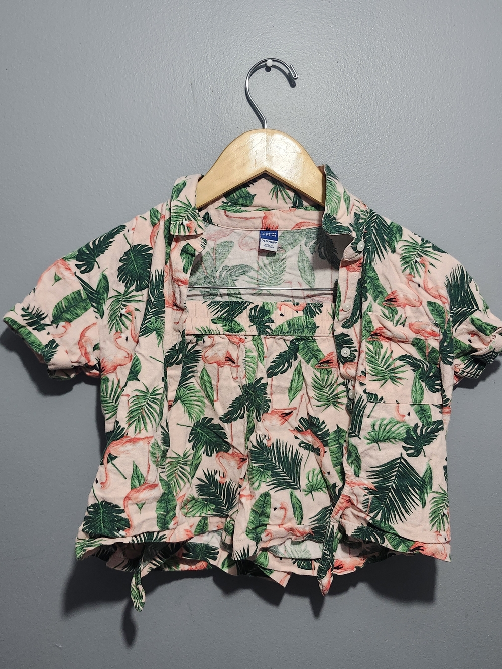 Tropical Flamingo Print Button-Up Crop Shirt - Pink & Green